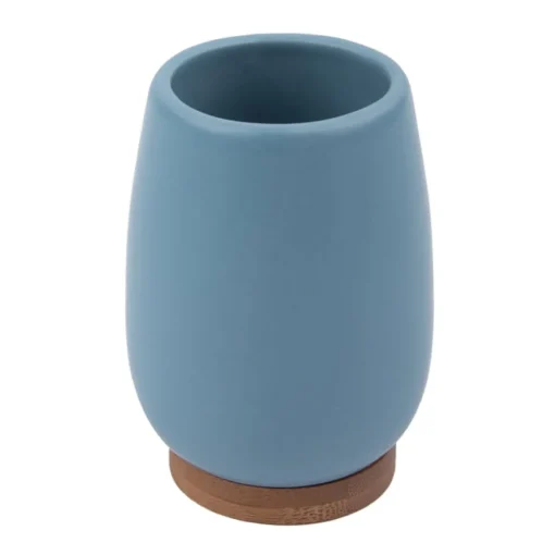 Copo WC Azul Mate Em Cerâmica E Bambu