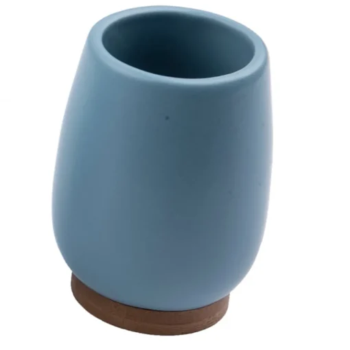 Copo WC Azul Mate Em Cerâmica E Bambu