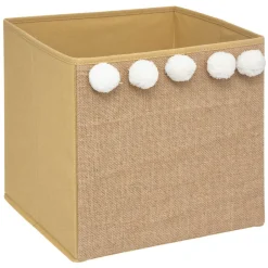 Cubo de arrumação castanho com pompons brancos 29cm