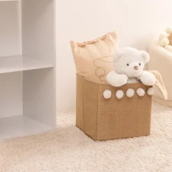 Cubo de arrumação castanho com pompons brancos 29cm