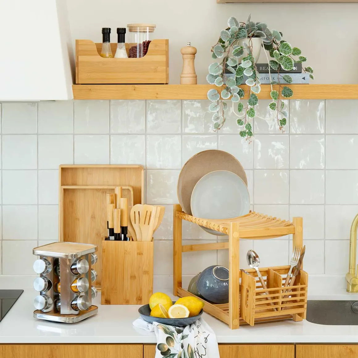 Escorredor de loiça em bambu com 2 níveis