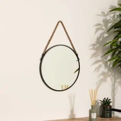Espelho de parede ETNIC redondo preto com corda 38cm