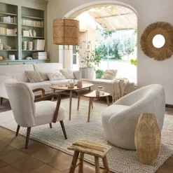 Espelho de parede redondo ael bege em ráfia 80cm