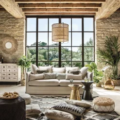 Espelho de parede redondo ael bege em ráfia 80cm