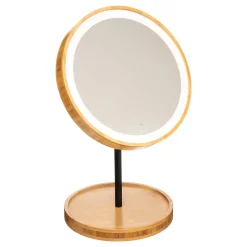 Espelho redondo led com suporte em bambu