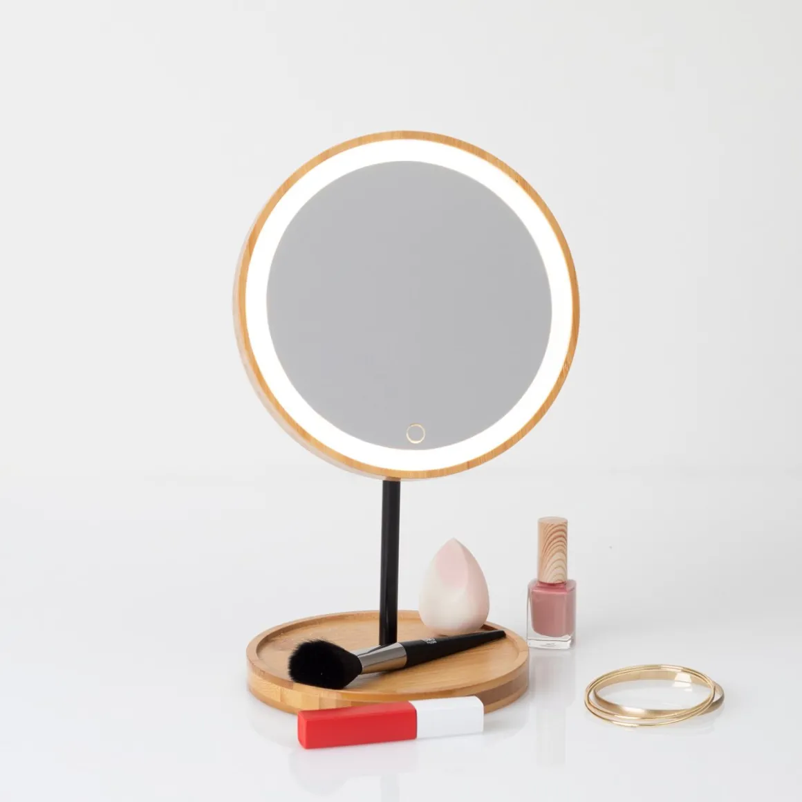 Espelho redondo led com suporte em bambu