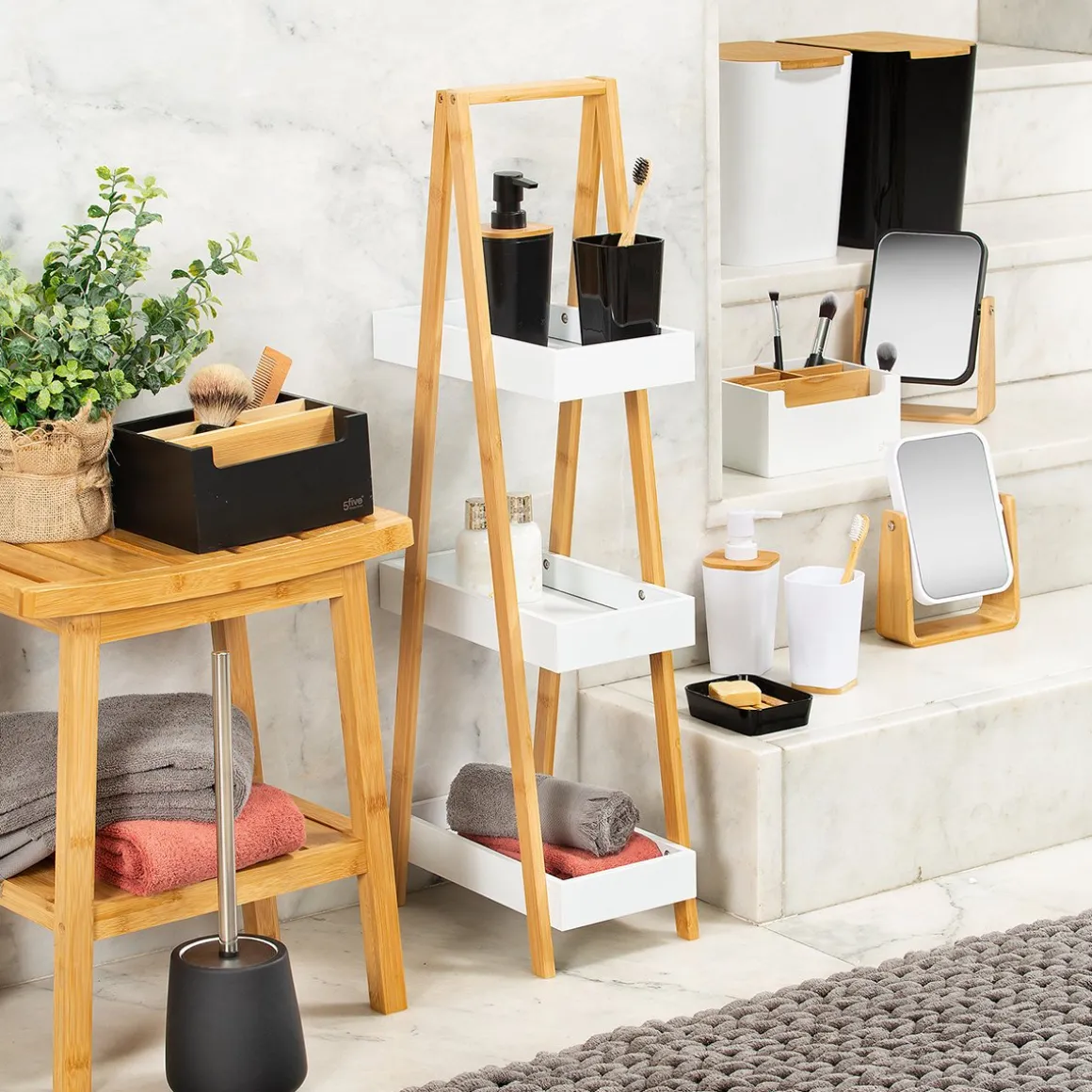 Estante wc branca em bambu com 3 níveis