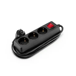 Extensão elétrica preta com 3 tomadas com interruptor