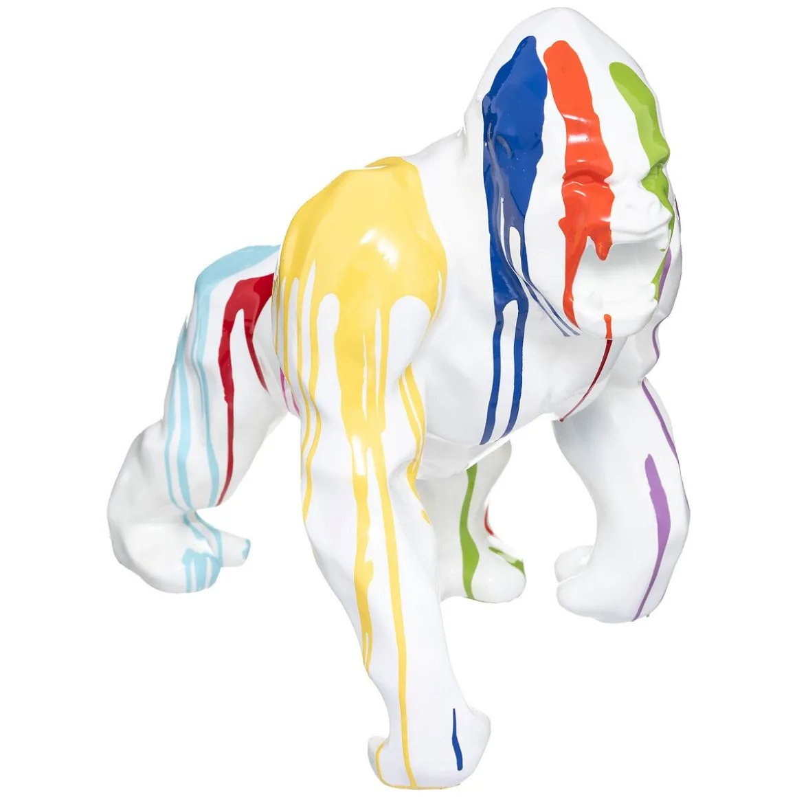 Gorila decorativo em resina branco com riscas coloridas