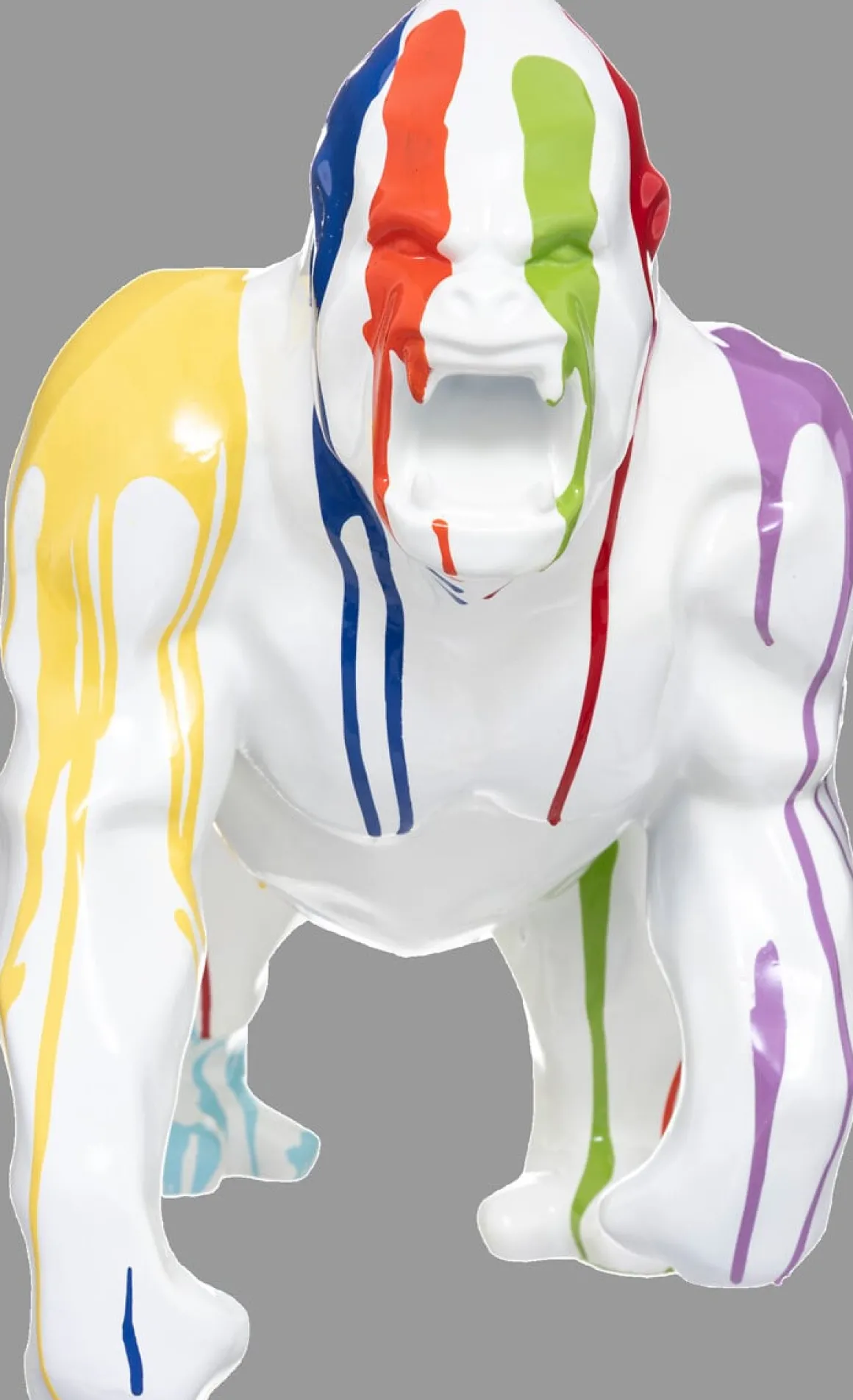 Gorila decorativo em resina branco com riscas coloridas