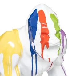 Gorila decorativo em resina branco com riscas coloridas