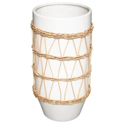 Jarra branca em cerâmica e decoração em rattan 25cm