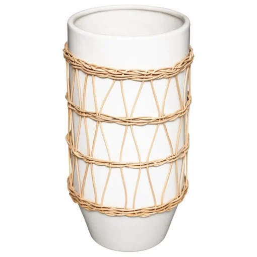 Jarra branca em cerâmica e decoração em rattan 25cm