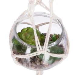 Jarra de vidro suspensa com planta artificial