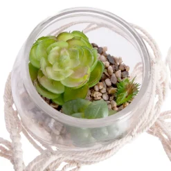 Jarra de vidro suspensa com planta artificial