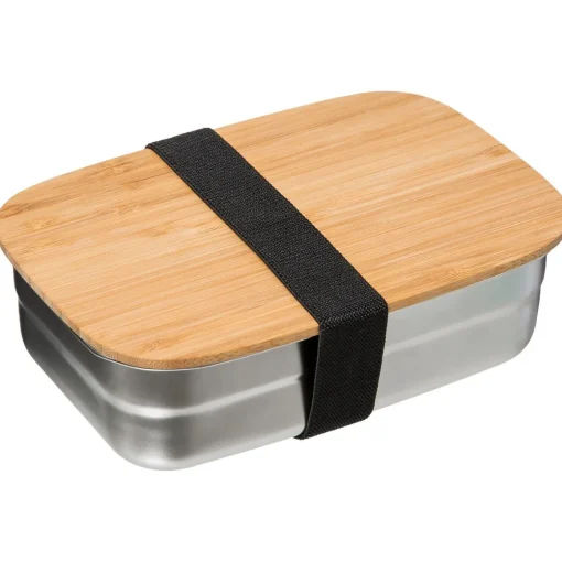 Lancheira inox com tampa em bambu