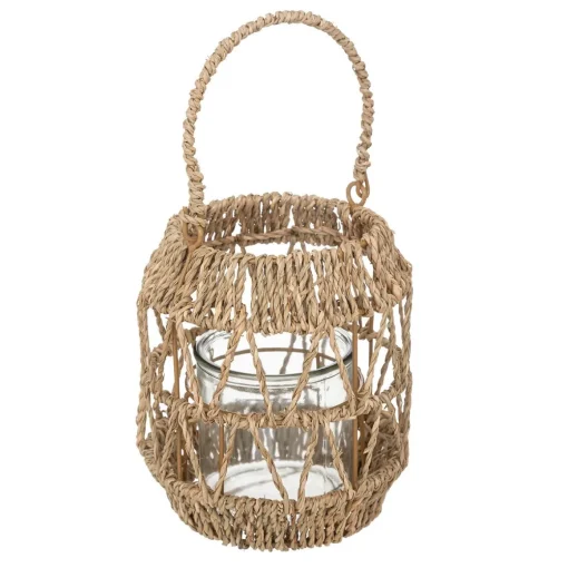 Lanterna em rattan bege com castiçal de vidro