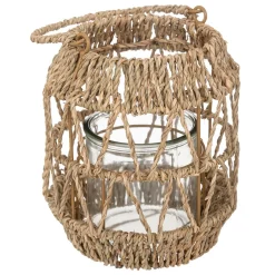 Lanterna em rattan bege com castiçal de vidro