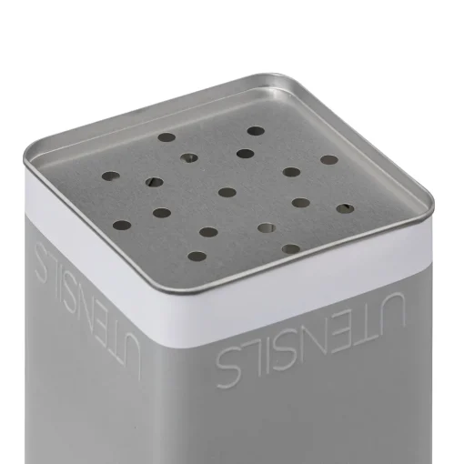 Lata cinza em metal para utensílios