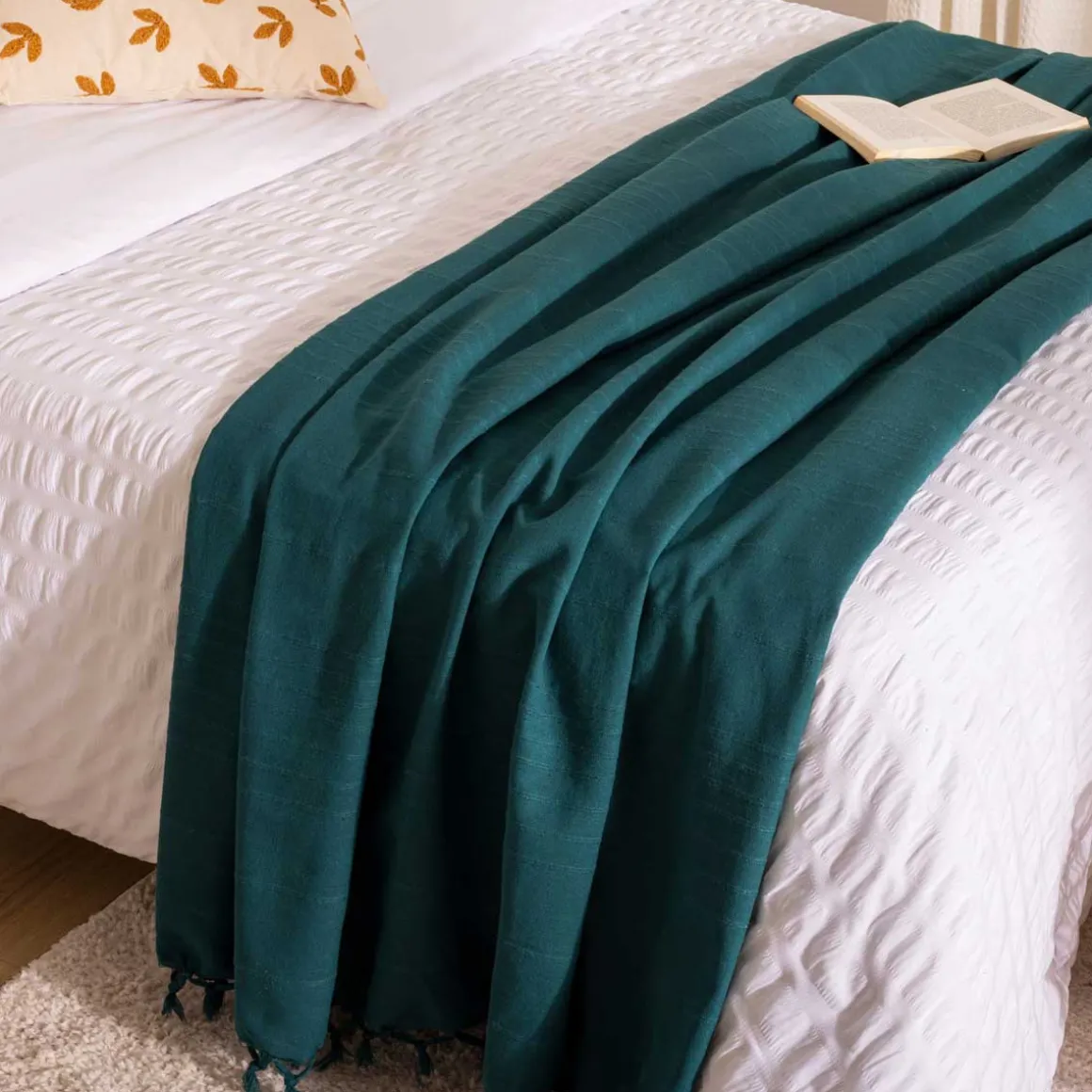 Manta azul petróleo com franjas 230x250cm