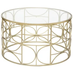 Mesa de centro em metal dourado com tampo de vidro 71cm