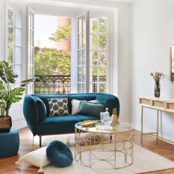 Mesa de centro em metal dourado com tampo de vidro 71cm