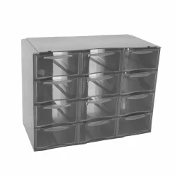 Mini prateleira cinza com 12 gavetas