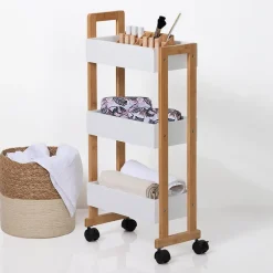 Móvel de apoio branco em bambu com 3 prateleiras