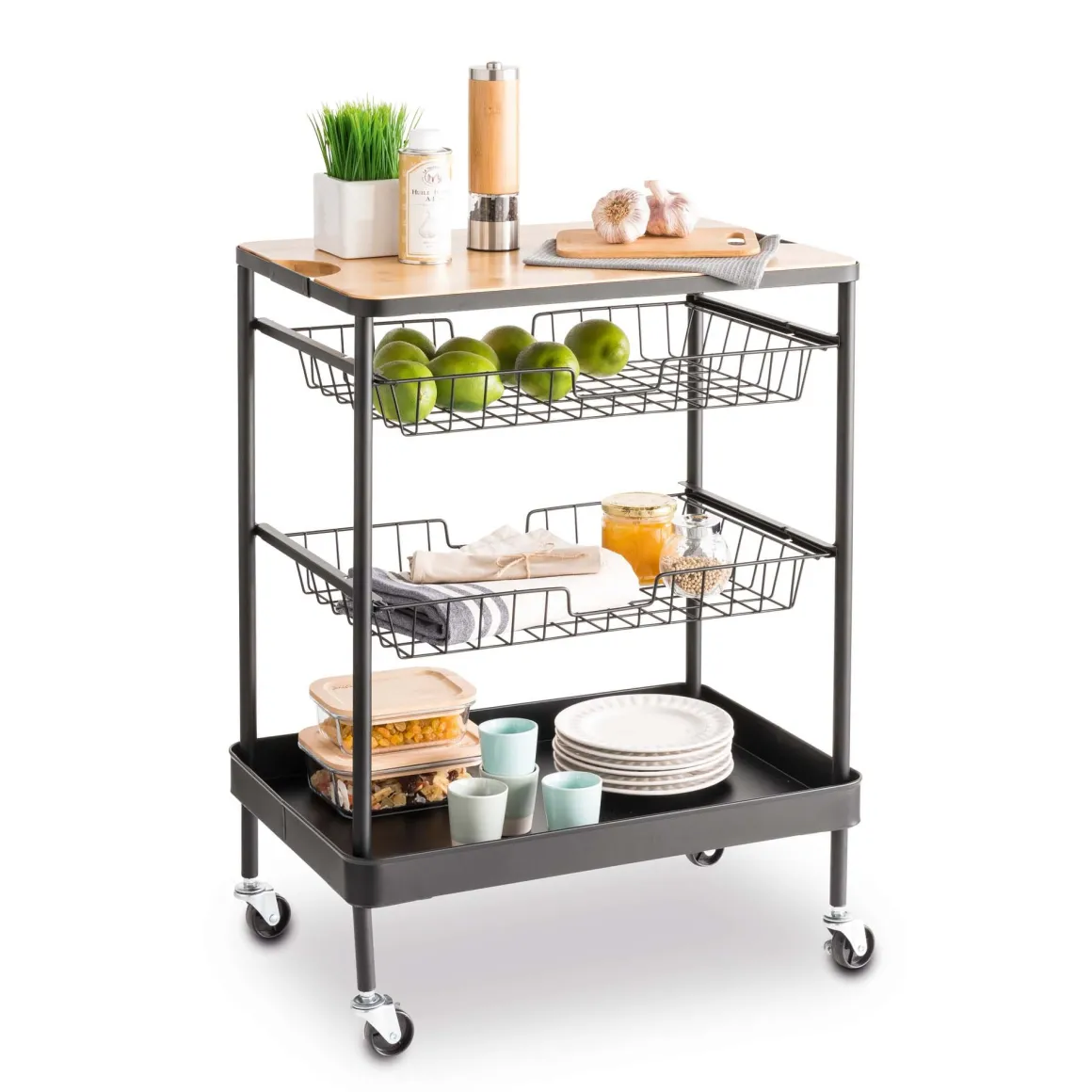 Móvel de apoio com 2 cestos e tabuleiro amovível em bambu