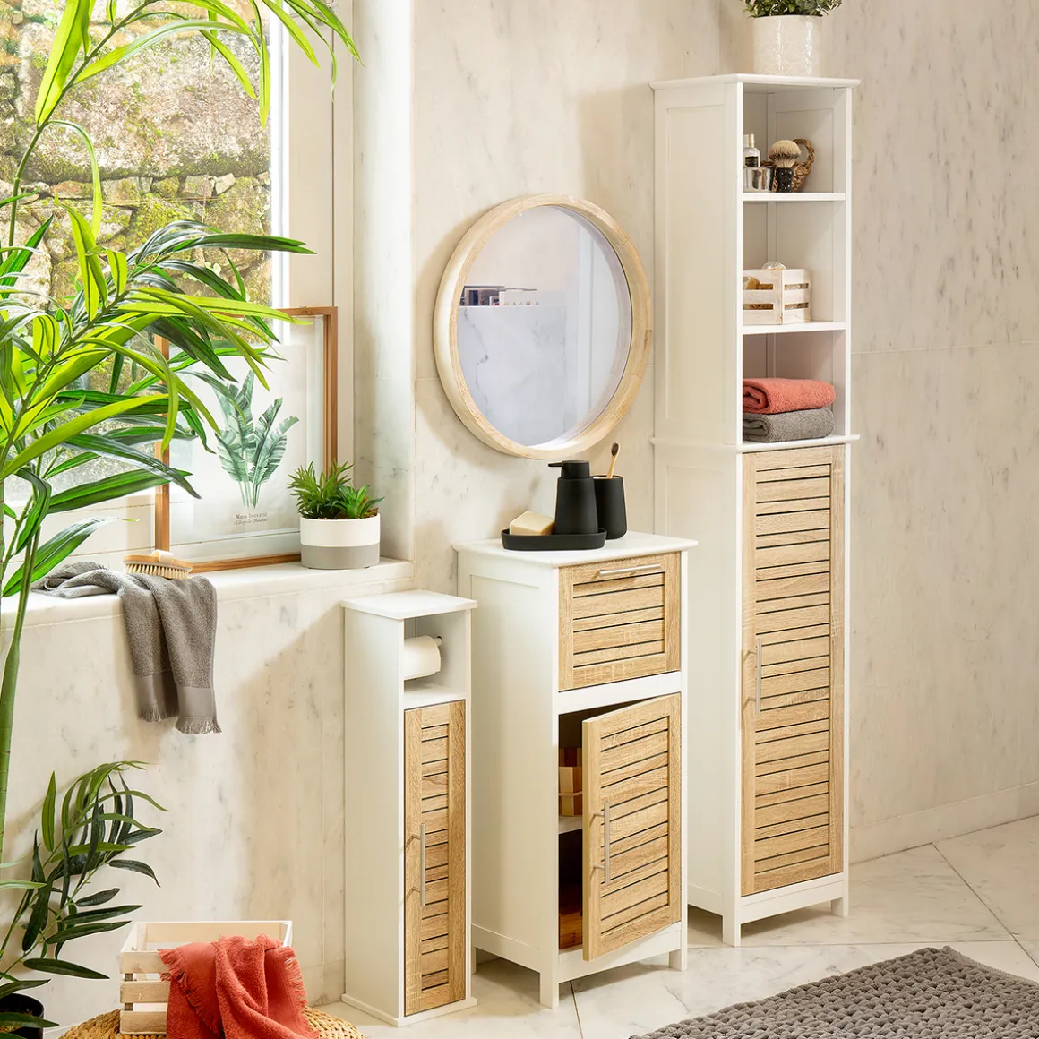 Móvel porta rolos branco e castanho