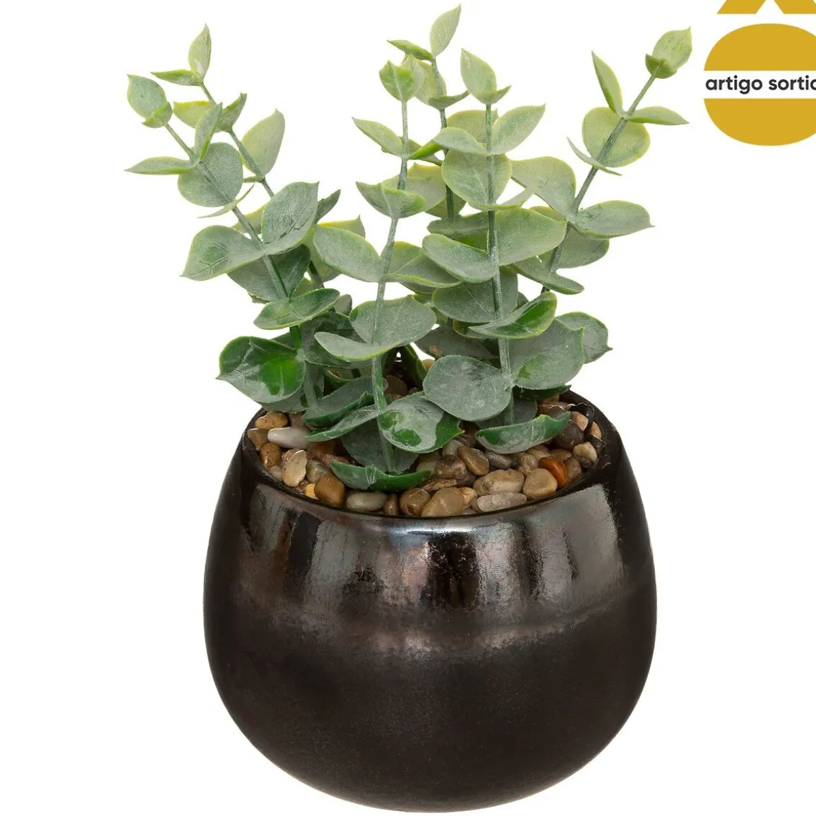 Planta artificial verde com vaso de ceramica