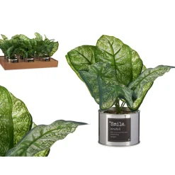 Planta artificial verde com vaso de metal