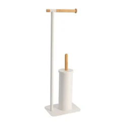 Porta rolos wc branco com escova em metal e bambu