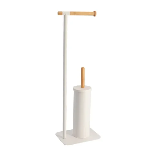 Porta rolos wc branco com escova em metal e bambu