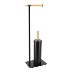 Porta rolos wc com escova preto em metal e bambu