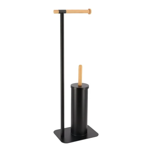 Porta rolos wc com escova preto em metal e bambu