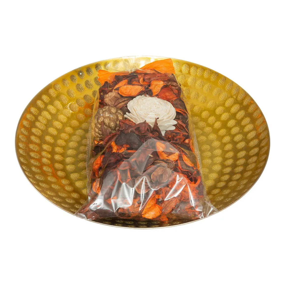 Pot-pourri baunilha com prato de metal dourado