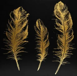 Quadro decorativo preto com penas douradas