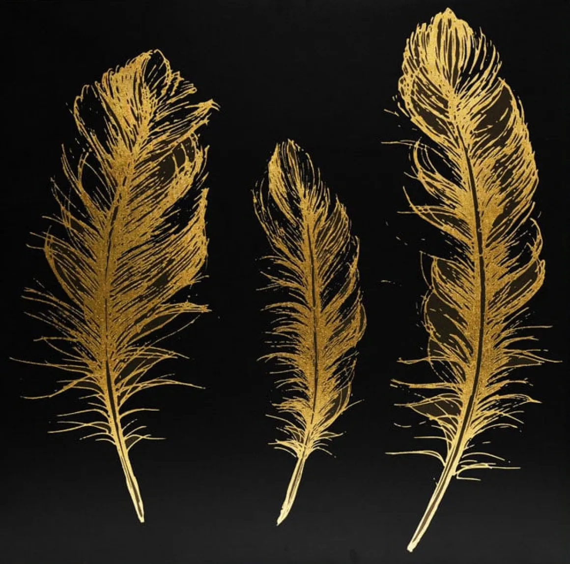 Quadro decorativo preto com penas douradas