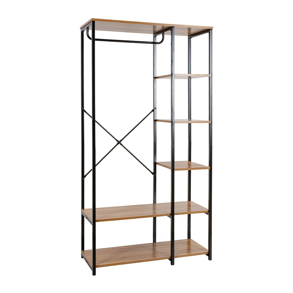 Roupeiro de metal preto com prateleiras