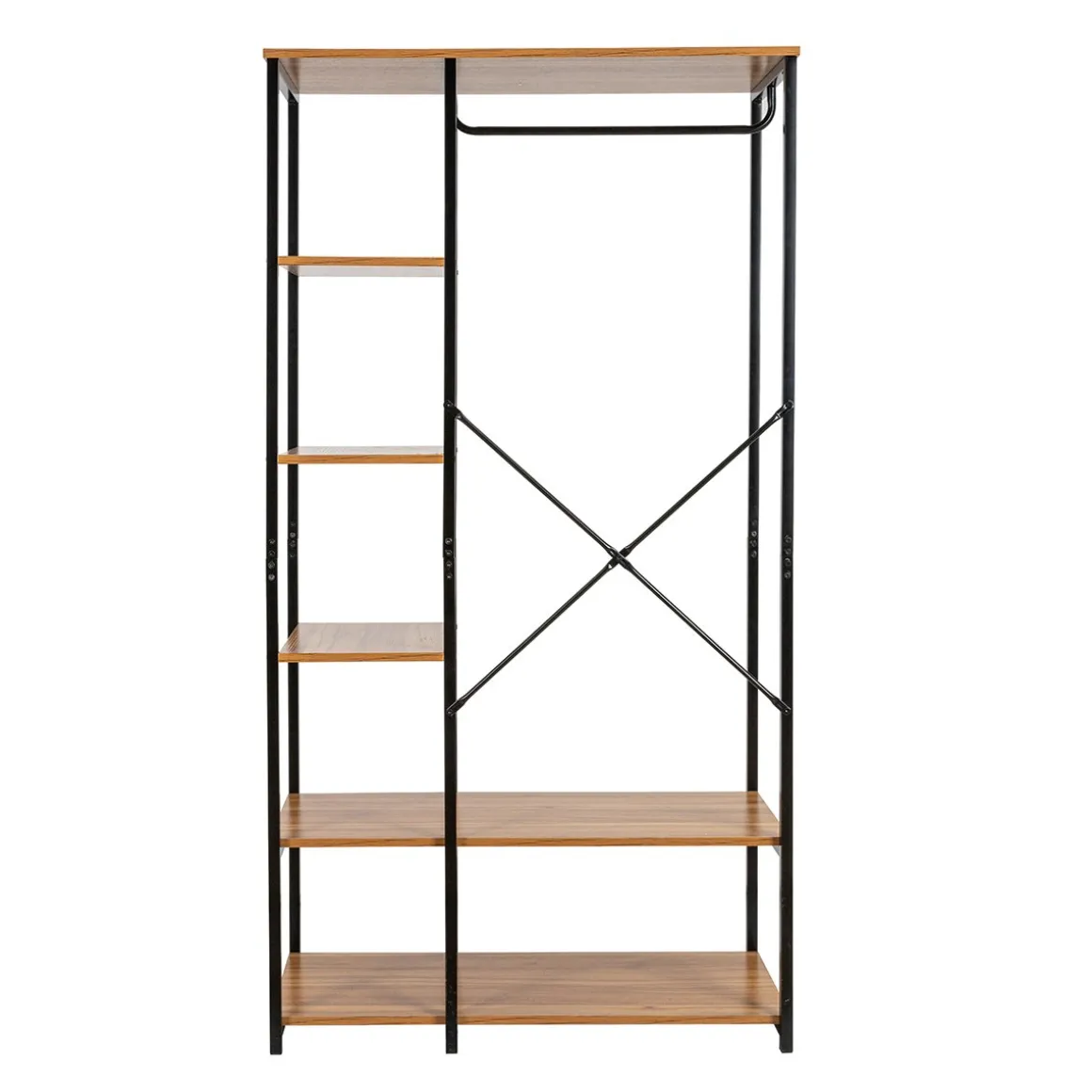 Roupeiro de metal preto com prateleiras