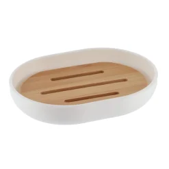 Saboneteira branca com base em bambu