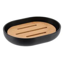 Saboneteira preta com base em bambu