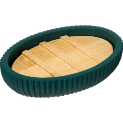 Saboneteira wc NATUREO azul petróleo com base em bambu