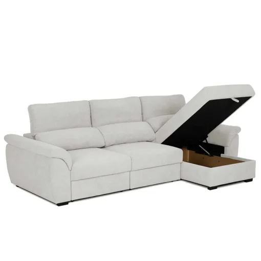 Sofá cama BREMAN cinza com cofre e chaise longue