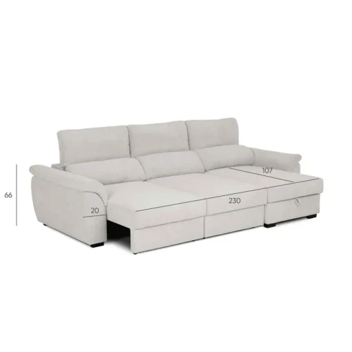 Sofá cama BREMAN cinza com cofre e chaise longue