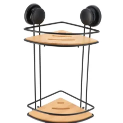 Suporte de canto preto com 2 níveis em metal e bambu