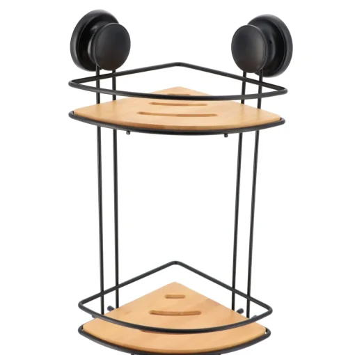 Suporte de canto preto com 2 níveis em metal e bambu