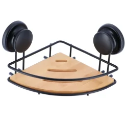 Suporte de canto preto em metal e bambu com ventosas
