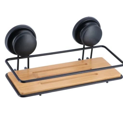 Suporte preto retangular em metal e bambu com ventosas